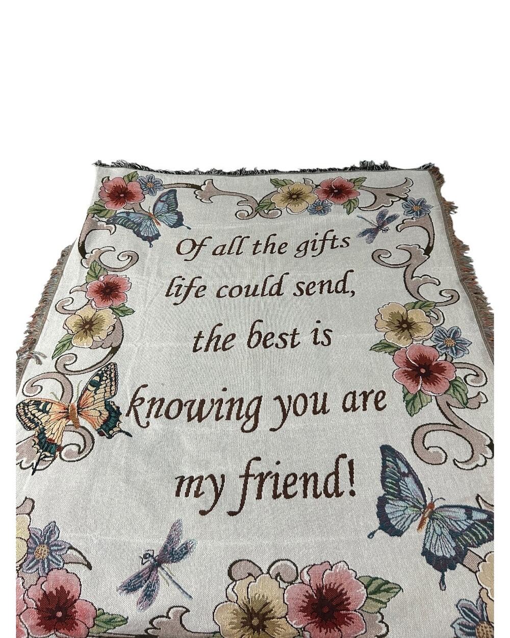 Friendship Tapestry Throw Blanket Butterflies Flowers Fringe 50x60 Gift